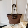 Brown vintage suede tote bag with golden chain strap and quilted front pocket - Brown No Pendant