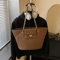 Brown frosted leather tote bag with gold chain strap and quilted front pocket - Brown No Pendant