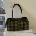 Borsa tote in lana a quadri verde scuro con manici in pelle marrone scuro - Verde