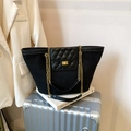 Retro black matte tote bag featuring quilted leather flap and golden chain strap - Black without Pendant