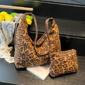 Fashionable leopard print tote bag with matching pouch and brown leather straps - Brown