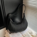 Retro black pleated crescent bag with high-capacity design and sleek leather shoulder strap - Black