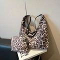 Two-piece leopard print tote bag with small coin purse and black leather shoulder straps - White