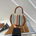 Rainbow woven mini box bag with brown leather handle and gold chain strap detail - Rainbow Brown
