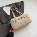 Creamy beige baguette shoulder bag with double buckle decor and retro boston shape - Apricot (Without Charm)