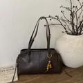 Dark coffee brown tote bag in faux leather with beaded tassel and gold buckle details - Coffee with Pendant