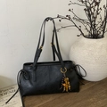 Retro black leather tote bag with wooden bead charm and elegant dual shoulder straps - Black with Pendant