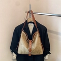 Large beige woven hobo bag with brown leather straps and silver buckle detail - Khaki Argyle (Without Charm)