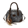 Retro washed denim bowling bag with brown leather trim and a cute bear charm pendant - Blue