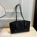 Chic black tote bag with vertical wave pleated texture and elegant shoulder straps - Black