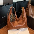 Brown vintage leather tote bag with gold chain strap and leopard print pouch - With Pendant / Brown