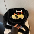 Borsa a mano nera in peluche con un simpatico cane a cartone e chiave di carica rossa - Nero
