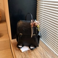 Retro black leather backpack with flap closure and cute bear charm in学院 style - Black with Pendant