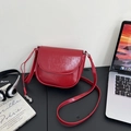 Detail einer roten glänzenden Satteltasche mit Riemen auf minimalistischem Schreibtisch - Rot