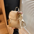 Chic beige PU leather backpack with vintage buckles and a cute bear keychain charm - Beige With Charm