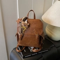 Brown retro leather backpack with bear charm and star pendant in academy style - Brown with Pendant