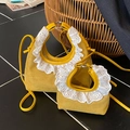 Mini gelbe Umhängetasche mit Vintage-Spitzendetails und schmalem Lederriemen für Damen - Groß / Gelb