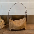 Vintage brown suede moon bag with smooth leather patchwork and metal zipper detail - Brown