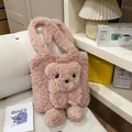 Pink plush teddy bear tote bag for women made of soft faux fur with 3D bear detail - Pink