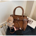 Dark brown suede and leather crossbody bag with star pendant and plush dog charm - Brown with Pendant