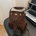 Dark brown suede bucket bag with long fringe, quilted pattern and chain strap - Brown