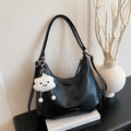 Large black hobo shoulder bag in pebbled leather with a cute cloud plush charm - Black with Pendant