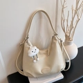 Creamy hobo shoulder bag in premium PU leather with cute white plush cloud charm - White with Pendant