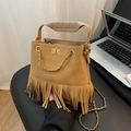 Camel bohemian tassel bucket bag in suede finish with golden chain strap and fringe detail - Khaki