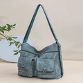 Retro teal canvas shoulder bag for women with large front pockets and adjustable strap - Blue