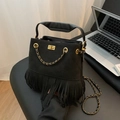 Retro black quilted bucket bag with fringe and gold chain strap for women - Black