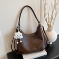 Retro dark brown large hobo shoulder bag in soft leather with white plush charm - Coffee with Pendant