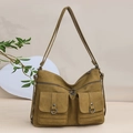 Olive green vintage canvas crossbody bag with large capacity and double front pockets - Yellow