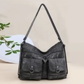 Dark gray vintage tote bag with large front pockets and metallic rivet details - Black