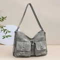 Grey vintage hobo bag in washed canvas with functional pockets and long shoulder strap - Gray