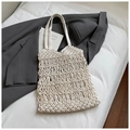 Chic cream-white macrame woven tote bag with hollow mesh design for beach vacation - Woven Tote Bag / Off White