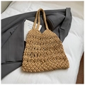 Handcrafted khaki woven mesh tote bag with intricate rope knots for beach vacation style - Woven Tote Bag / Khaki
