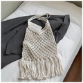 Bohemian cream woven tote bag with fringe tassels and mesh hollow out design - Tassel Woven Shoulder Bag / Off White