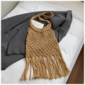 Handmade khaki woven hollow tote bag with long tassels for summer beach vacation style - Tassel Woven Shoulder Bag / Khaki