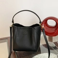 Black lychee texture bucket bag with gold hardware and removable shoulder strap - Black