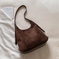 Retro dark brown hobo bag in matte suede and leather with silver metal buckle detail - Coffee without Pendant