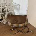 Retro Satteltasche aus braunem Leder und gelb-grauem Karo-Stoff mit edler Kettenriemen - Braun