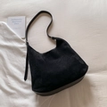 Minimalist black suede crescent tote bag with adjustable silver buckle strap - Black without Pendant
