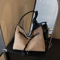 Vintage large capacity tote bag in brown suede with black straps and gold buckles - Khaki