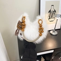 Fuzzy white faux fur moon bag with wooden bead handle and cute teddy charm - White with Pendant