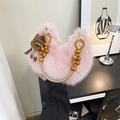 Pink heart-shaped faux fur handbag with wooden bead handle and plush doll charm - Pink with Pendant