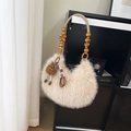 Chic beige faux fur crescent bag with decorative wooden beads and a plush doll pendant - Apricot With Pendant