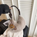 Fuzzy latte brown faux fur hobo bag with wooden bead handle and cute doll pendant - Khaki With Pendant