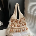 Cream knitted bohemian tote bag with colorful ethnic tassels and wool trim - Off White
