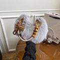 Grey faux fur heart bag with wooden bead handle and a leopard print bear charm - Gray With Pendant