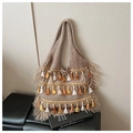 Bohemian knitted tote bag in tan finish with multi-colored fringe and tassels - Khaki